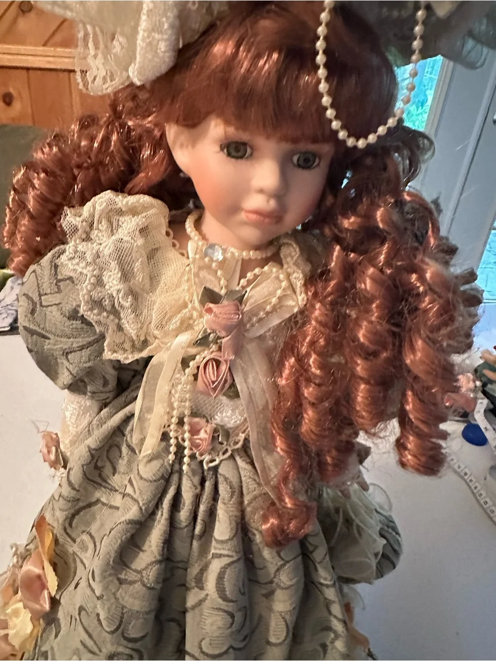 Vintage/ Dollhouse Porcelain Doll in Sage Green Lace Dress with Auburn Curls